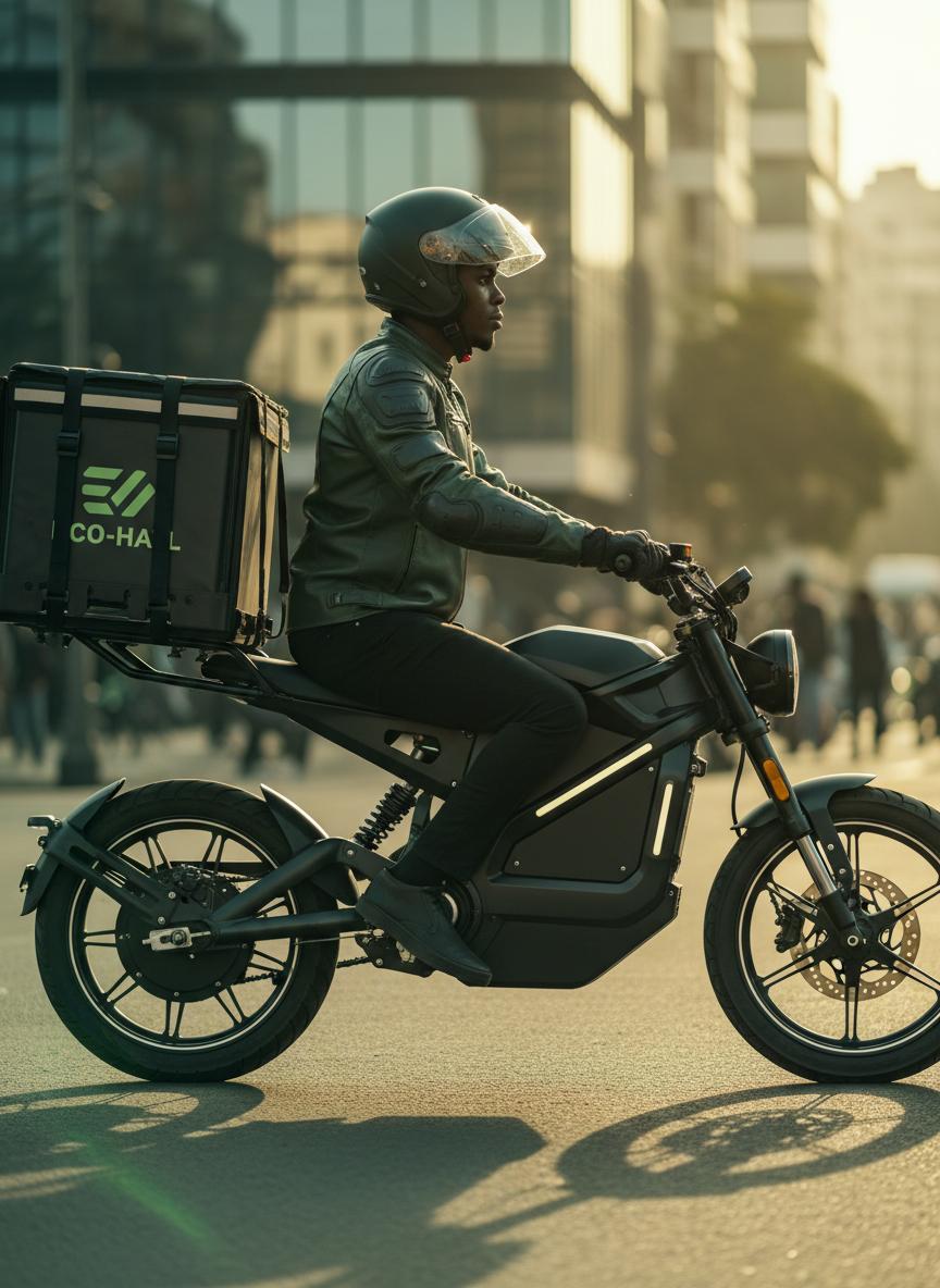 Delivery rider on an electric motorcycle in Kenya